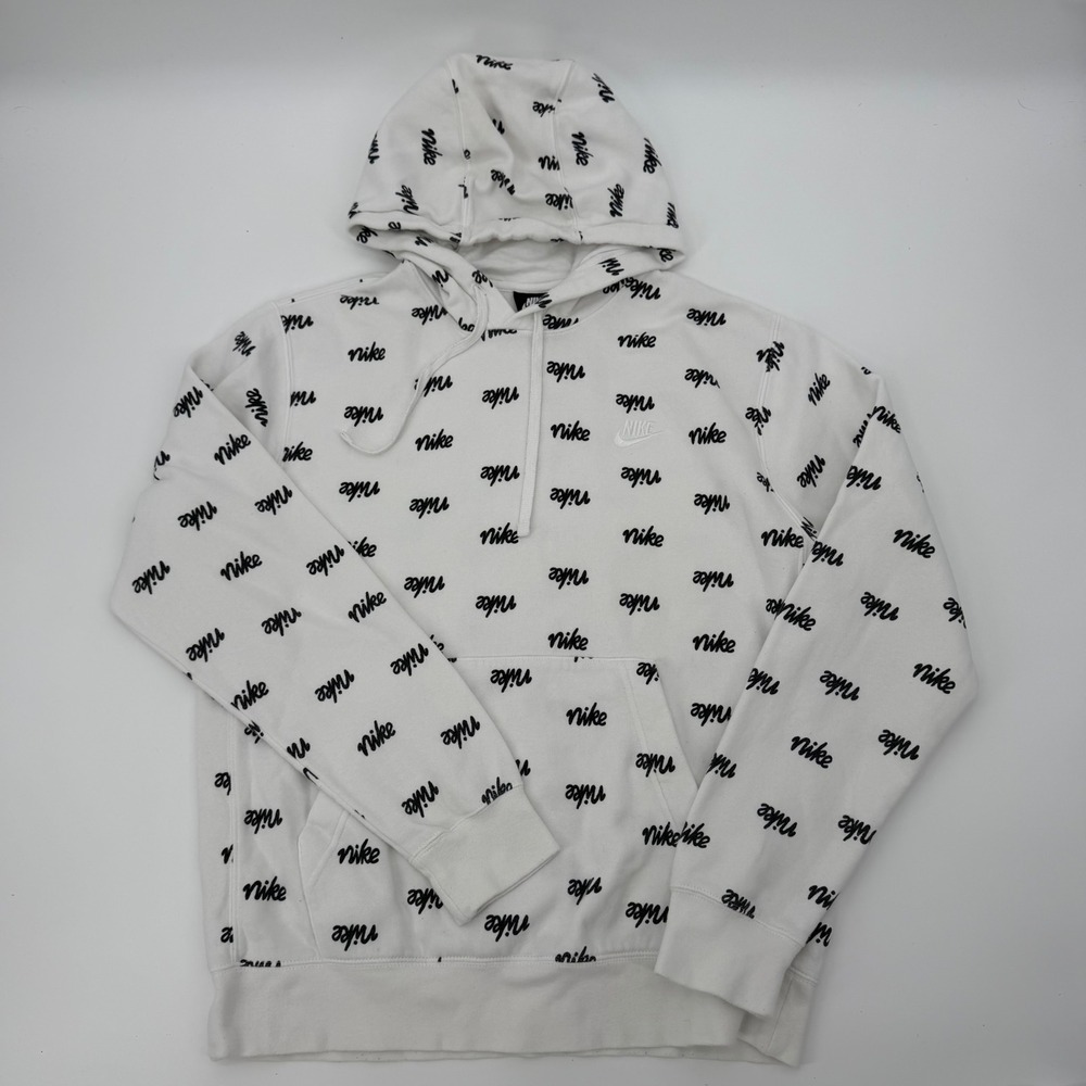 Nike Sportswear Club Fleece Hoodie White Black Script All Over Print Mens Medium